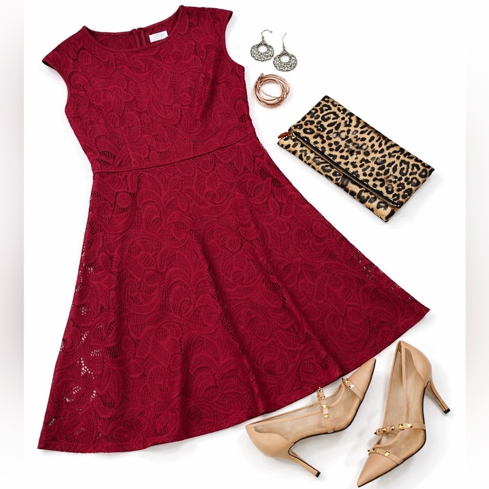 Wisp Burgundy Lace Fit & Flare Dress NWT Size 6 Cap Sleeve Feminine Cocktail